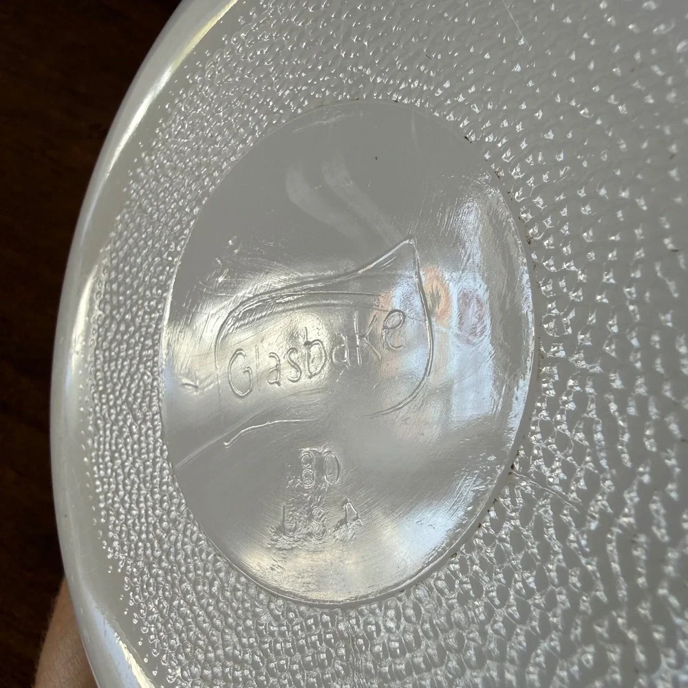 Vtg Glasbake Blue Onion Milk Glass Casserole Dish J510 1QT Round White Blue USA
